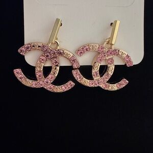 Pink Crystal CC Drop Earrings - Gold Tone
